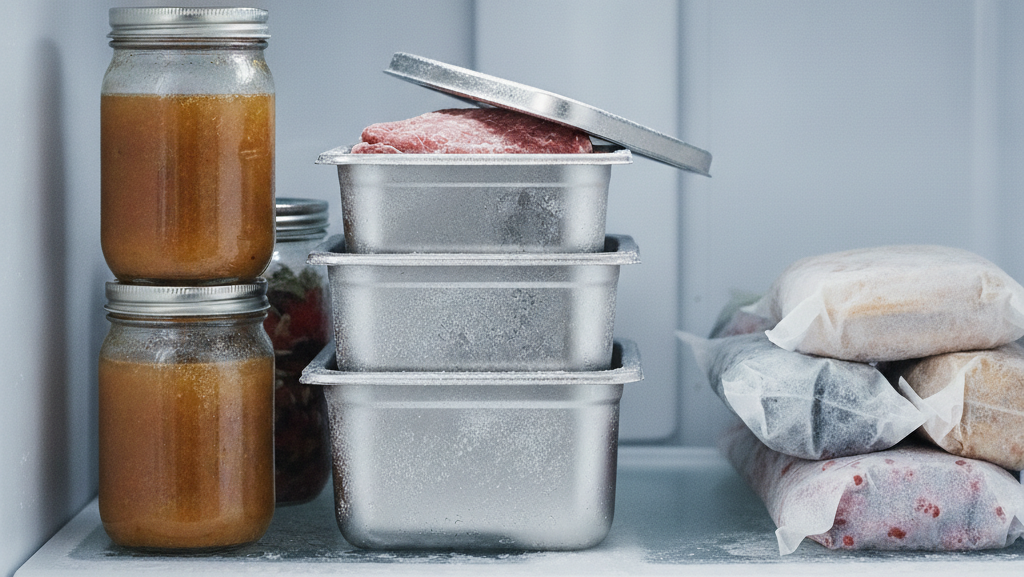 Obraz przedstawia otwartą zamrażarkę wypełnioną różnymi pojemnikami z żywnością, wszystkie przeznaczone do mrożenia bez użycia plastiku